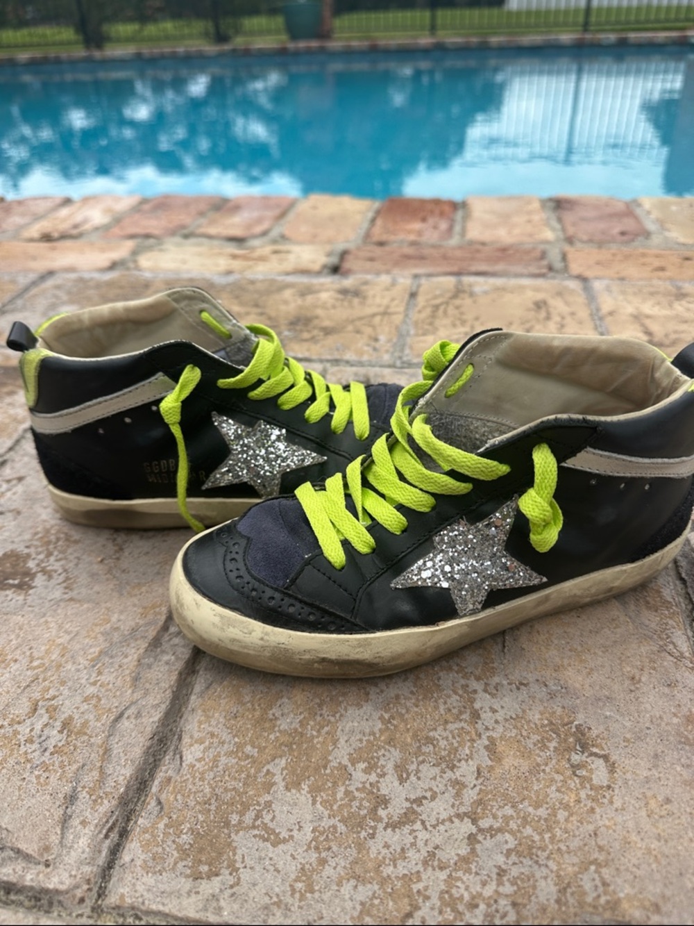 Golden Goose Midstar Sneakers with Silver Glitter Star and Neon Yellow Laces